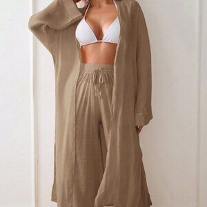 Brown Preppy Women's Long Sleeve Long Loose Kimono Style Cover Up